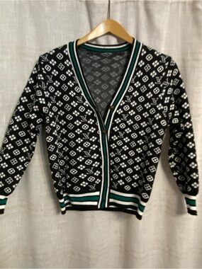 Varsity Stripe Monogram Cardigan Sweater Black Green Crest Buttons